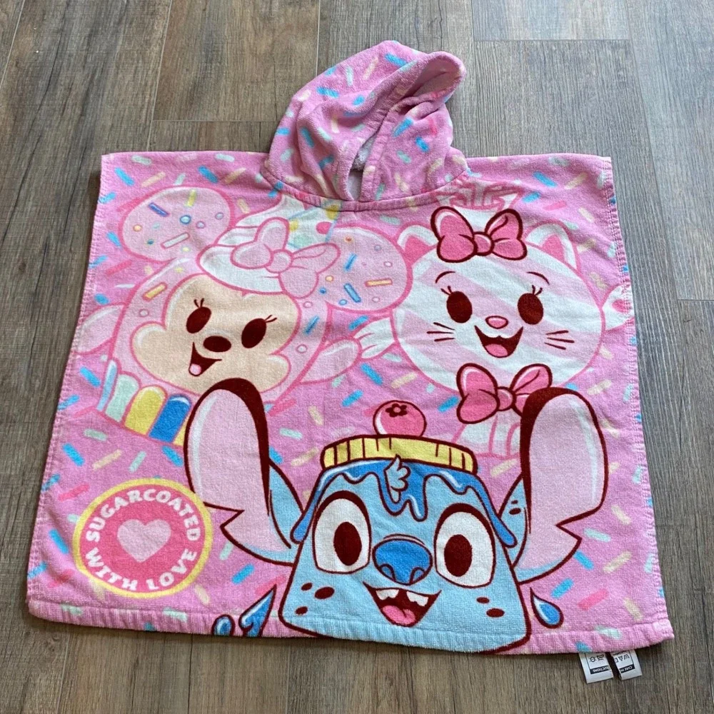 Disney Munchlings Stitch Minnie Marie Pink Hooded Poncho Towel Cotton